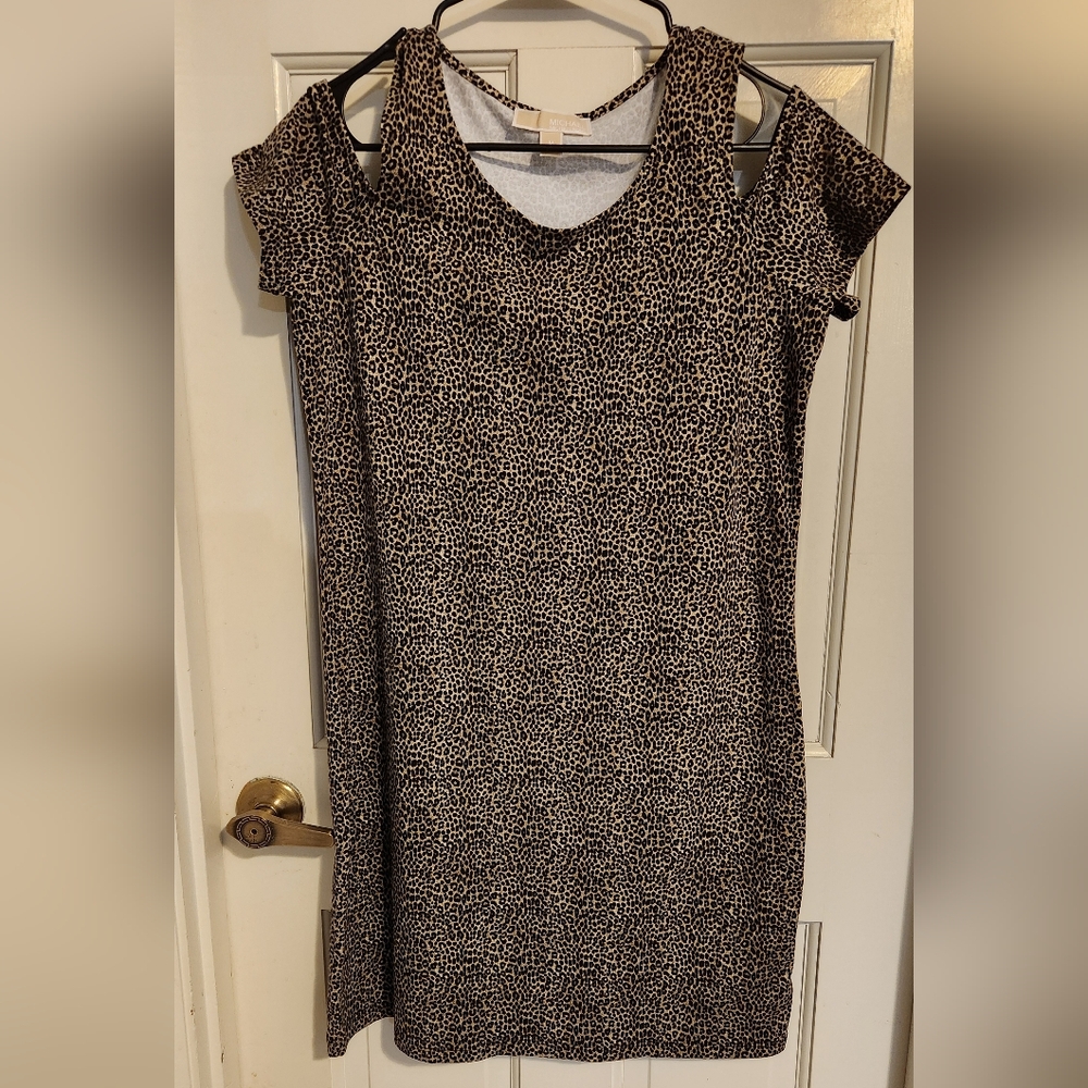 Michael Kors Leopard Cold-Shoulder Mini Dress, Size M